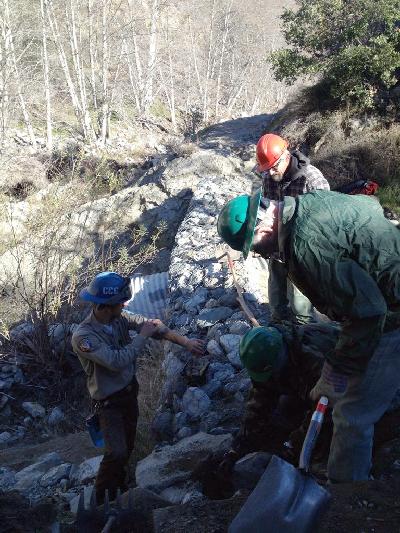 Working on the erosion and clearing off the wood steps